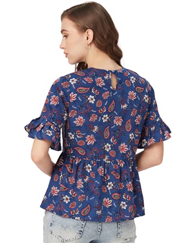 Image of Style Quotient Women Blue & Pink Floral Print A-Line Top