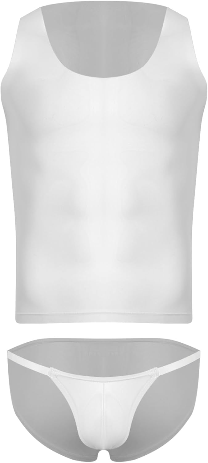 Jhaoyu Mens Sissy Lingerie Set Sheer Mesh Tank Top Undershirts with Bulge Pouch Underpants