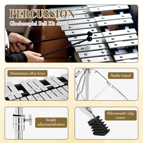 Image of Soulmate Glockenspiel Xylophone Professional 32 Notes Percussion Glockenspiel Kit for Adults & Beginners with Drum Pad, Adjustable Stand, Drum Sticks, Carrying Bag - Ideal for Practice & Performance