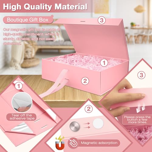 Rosa Luxus Große Magnet-Geschenkbox, 32,5 * 23 * 10,5cm mit Band, Papier& Grußkarte Party Favor Box für Hochzeit, Geburtstag & Muttertag