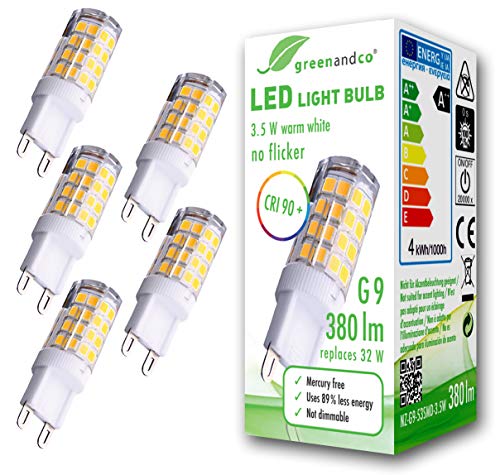 5x greenandcou00ae IRC 90+ Ampoule à LED G9 équivalent à 32W, aucun scintillement 3,5W 380lm 3000K (blanc chaud) 300u00b0 230V AC, non graduable