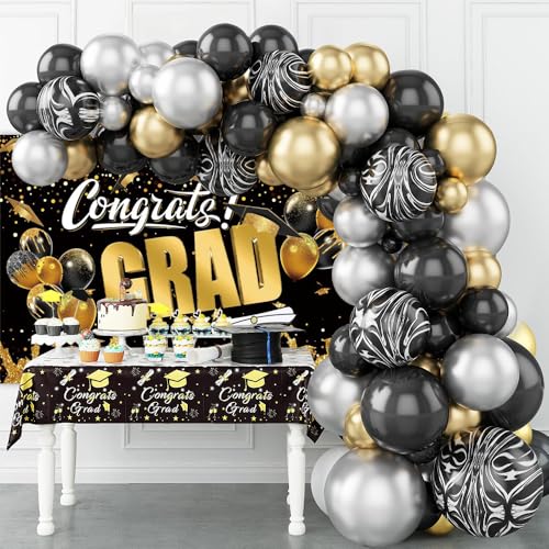DASHAN 7x5ft Congrats Grad Class of 2026 Backdrop Black Gold Graduation Backdrop for Photography Graduation Banner Party Decorations with Balloons Background Cake Table Decor Photo Booth Props - image 4
