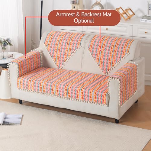 Image of HOKIPO Sofa Cover Mat with Tassel for 2 Seater Sofa | 300 GSM Thick Cotton Acrylic Jacquard Fabric,'Trivana Series' Coral Orange (IN-934-J2*S)