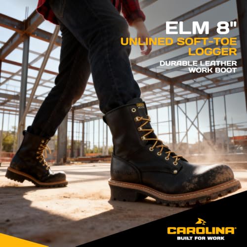 Image of Carolina Elm 8 inch Unlined Logger Boots for Men, EH-Rated, Slip-Resistant | Electrical Hazard Protection, Slip Resistant Grip, Memory Foam Footbed, Unlined Breathability, Steel Shank Support