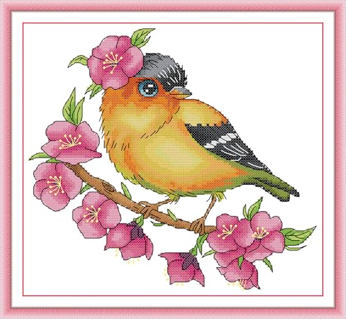 Threadhaven Counted Cross-Stitch Kit 14CT Aida Fabric with Threads, Needles & Guide | Animal Sewing Pattern Embroidery Kit for Adults | Premium DIY Craft Kit- Spring Bird 11.4''×10.6''
