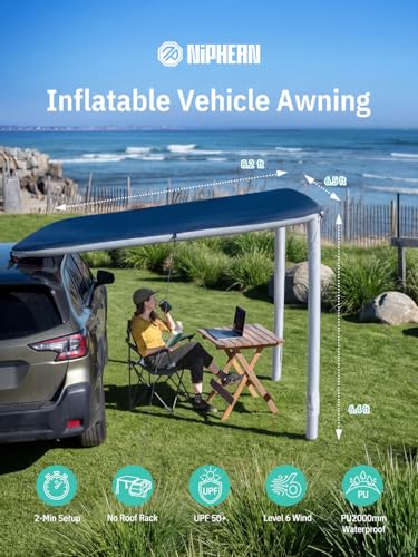 Image of Niphean Car Awning for SUV, Truck& Rv, 2-Min Quick Setup Vehicle Awning | No Roof Rack Required, Inflatable Rv Awning Camping Sun Shade 8.2' x 6.5', Waterproof UV50+, Durable & Wind-Resistant
