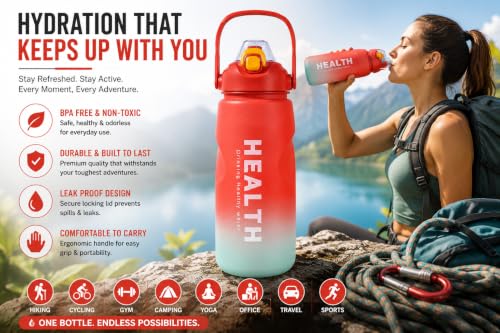 Image of 3.3 Liters Large Water Bottle With Straw & Handle, Sport Canteen Bottle With Time Marking, Leakproof Gym Water Bottle For Women & Men - Multicolor - Plastic (Red)