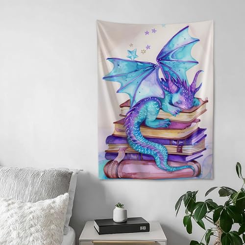 Image of QEOPGNE Fantasy Watercolor Style Book Cute Blue Purple Dragon Tapestry Wall Art Wall Hanging Wall Decor for Bedroom Office Bathroom Living Room Decor 30"x40"