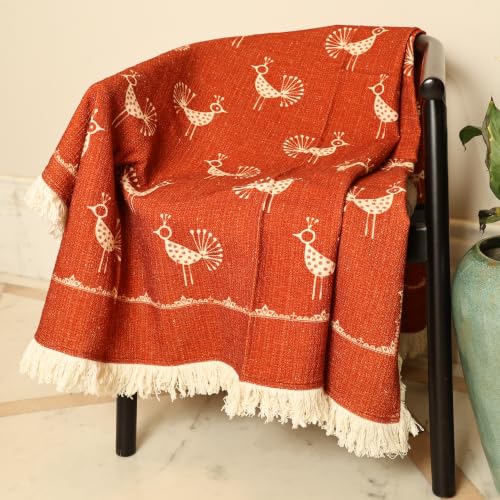 Image of Rajasthani Mandana Throw Blanket - Sacred Geometry Crow & Poppy Print, Hand-Block Cotton Bedspread /Sofa Cover - 50x60 inch, Bohemian Indian Wall Tapestry