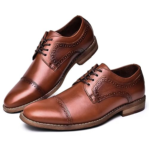 Image of Arkbird Men's Dress Shoes Modern Oxford Round Cap Toe Lace up Casual Formal Business Leather Derby Shoes, Brownish 9.5