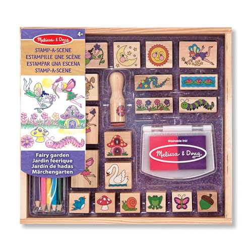 Melissa & Doug Jeu de timbres en bois Jardin Féerique, Cadeau pour filles et garçons, 20 timbres, tampon d’encre, 5 crayons, Jouet créatif, Loisirs...