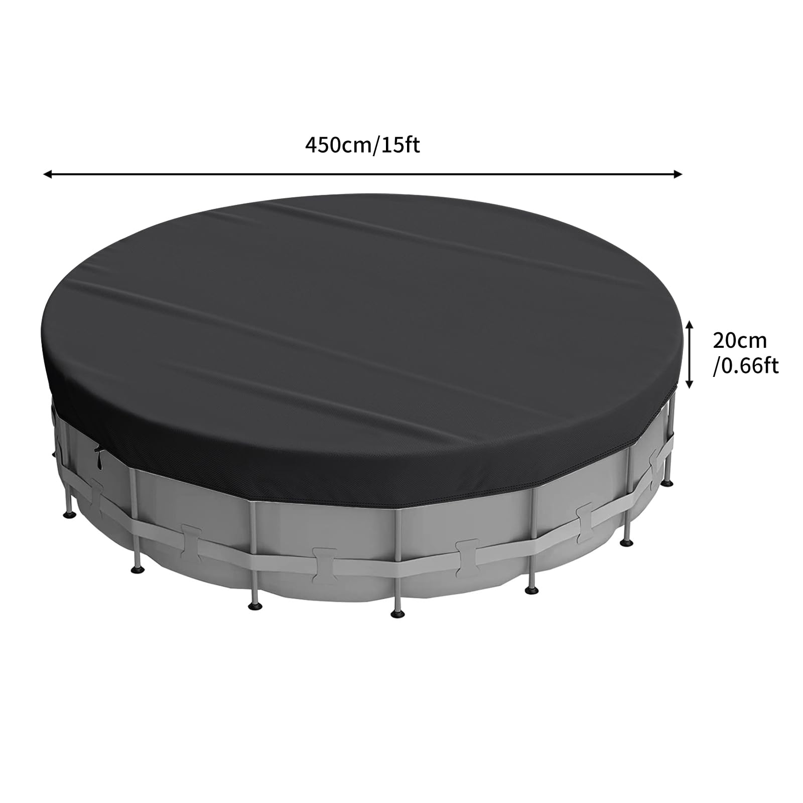 Cubierta de piscina redonda 300/360/450 cm, resistente al agua y al polvo, protección UV, con cordón y clavos para el suelo, para piscinas sobre el suelo, bañeras (negro, 450 cm)
