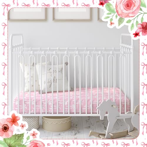 Image of Peryiter 2 Pack Pink Bow Crib Sheets for Girls Boys Coquette Bed Sheet Set Fitted 52'' x 28 inch for Standard Crib Mattress Stretchable Soft Toddler Aesthetic Nursery Decor