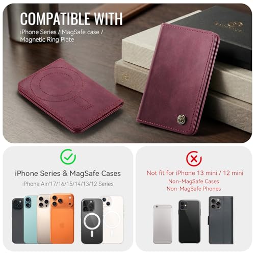 Image of Magnetic Wallet Card Holder with RFID Protection, PU Leather Slim Wallet, Strong Magnet Attachment for iPhone 18 /17 /16 /15 /14 /13 /12 Series Pro Max Plus Mini-Wine