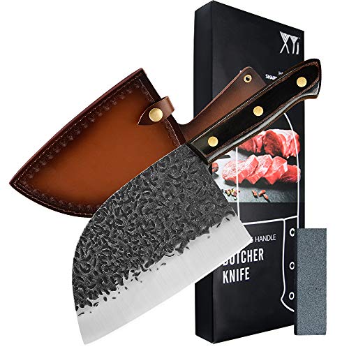 XYJ FULL TANG 7-inch Serbian Butcher Knife Multipurpose Chinese Chef Knives High Carbon Stainless Steel Meat Cleaver Heavy Duty Blade With Leather Sleeves For Home OutdoorCamping