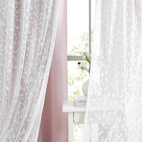 Image of Mix Matched Pink Full Blackout & Sheer Leaf Lace Curtains 52 inchWx63 inchL 4Panels | White Lace Sheer Leaf & Pink Blackout Combo Set, 2 Blackout+2 Sheer Panels, 4-Piece Set, Mix and Match Style Grommet Top