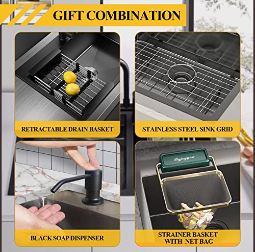 Black Kitchen Sink, Stainless Steel Topmount Bar Sink 22X18X9 Inch Single Bowl Drop In Kitchen Sink Combo-Sink Grid,Soap Dispenser,Drain Basket,Strainer Mesh,Drain Strainer Set For Modern Kitchen Sink #TOP6