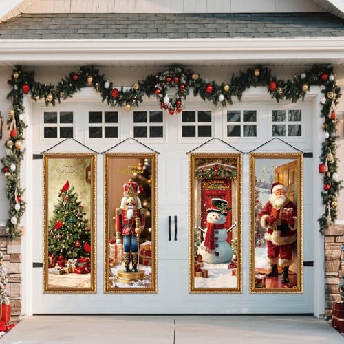 Image of Panelee 4 Pcs Christmas Porch Banners Snowman Santa Nutcracker Xmas Tree Stretching Portraits Wall Decorations Christmas Porch Sign Backdrop for Xmas Indoor Outdoor Wall Hanging Decor