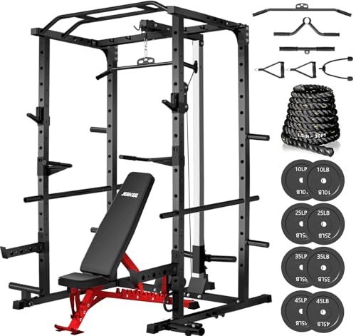 Image of JEEKEE Power Rack with LAT Pulldown, 2000LBS Power Cage with Cable System, Multi-Function Squat Rack with J-Hooks, Safety Bars, Landmine, Pull Up Bar & Attachments for Home Gym Strength Training,Black