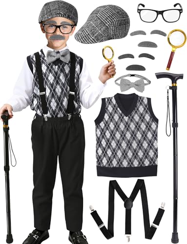 CONGRU 100 Days of School Costume for Boys,Old Man Costume for Kids Grandpa Vest Accessories Set (Small(5-7yr))