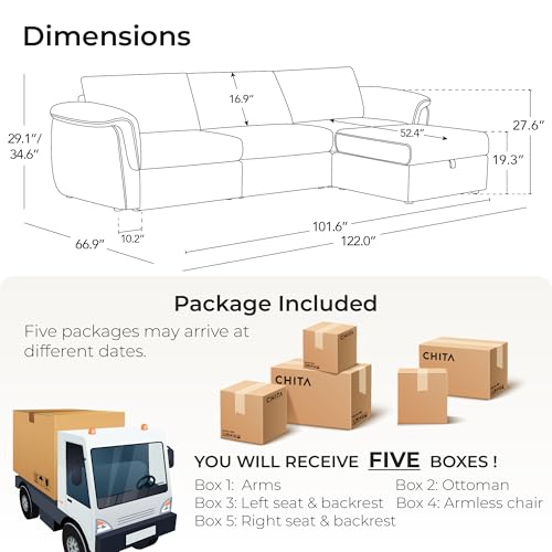 Image of CHITA Extra Large Sectional Couches for Living Room, Cloud Modular Sectional Sofa with Chaise, Ottoman with Storage, 3 Seater L Shaped Couch, Chenille in Cream