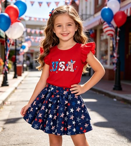Image of Girls Skirt Set 2 Piece Outfit Toddler Summer Clothes Ruffle Sleeve T-Shirt Bow Knot Tutu Skirt Outfit Set