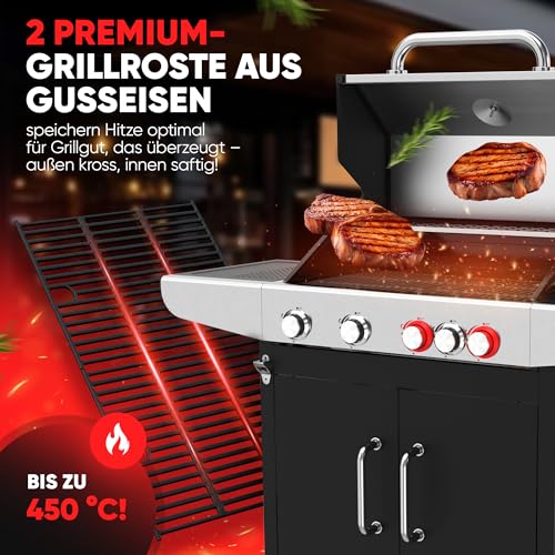ProfiCook® Gasgrill für Temperaturen bis zu 450°C | 2 Power-Zonen + Side-Burner | Roste aus echtem Gusseisen | Gasgrill 4 Brenner | Flaschenöffner | Temperaturanzeige | 4 Brenner | PC GG 1312