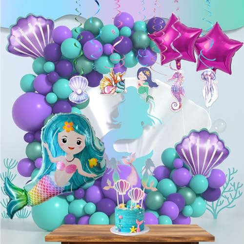 Image of Rozi Decoration Mermaid Theme Balloons for Birthday Set - 96 Pcs Hanging Swirls, Cake Topper, Foil & Latex Balloons Kit | Mermaid Theme Birthday Decorations