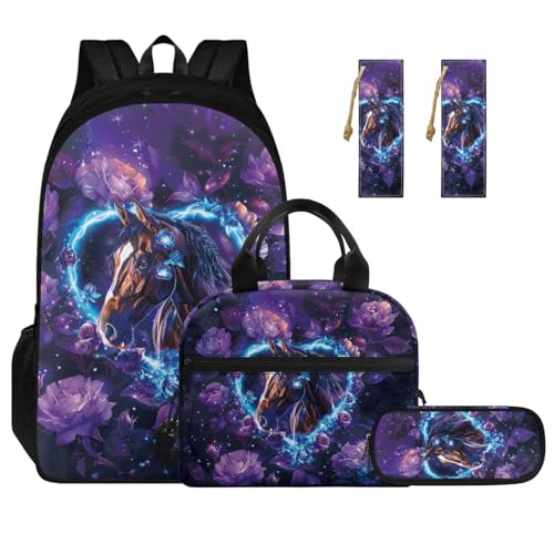 Aesthetic Horse Backpack for Girls Kids Backpack with Lunch Box Zipper Pencil Pouch and Leather Bookmark 4 Pcs Set 17