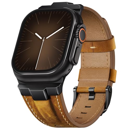 Image of Leather bands Compatible With Apple Watch Ultra Band 49mm 46mm 45mm 44mm 42mm, Superior Genuine Leather Rugged Metal Connector Durable Strap for Men iWatch Ultra3 2 1,Series 11 10 9 8 7 6 5 4 3 SE3 SE