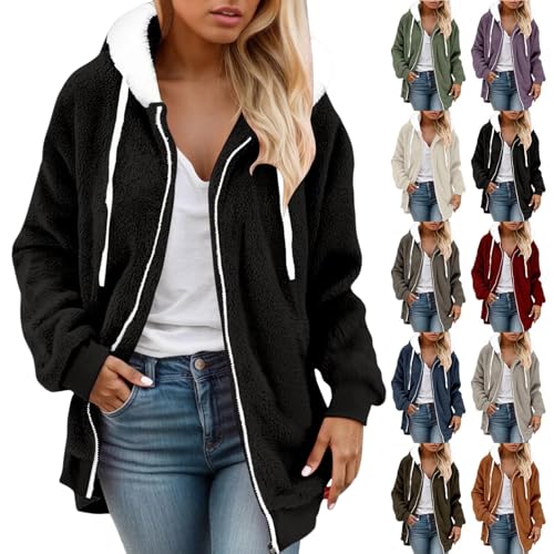 Womens Fleece Jacket Fall Winter Oversized Lightweight Zip Up Sherpa Fuzzy Shaggy Warm Coats Outerwear with Pockets
