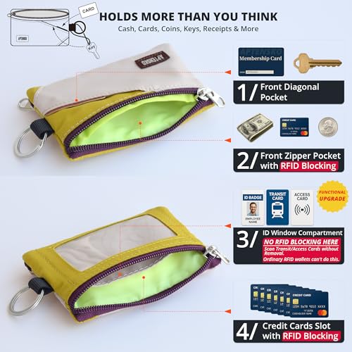 Image of RFID Blocking Travel Wallet with Adjustable Lanyard, Small Nylon Zipper Pouch and Badge Holder for ID, Credit Cards, Cash, Keys, Commuters (Almond+DarkYellow)