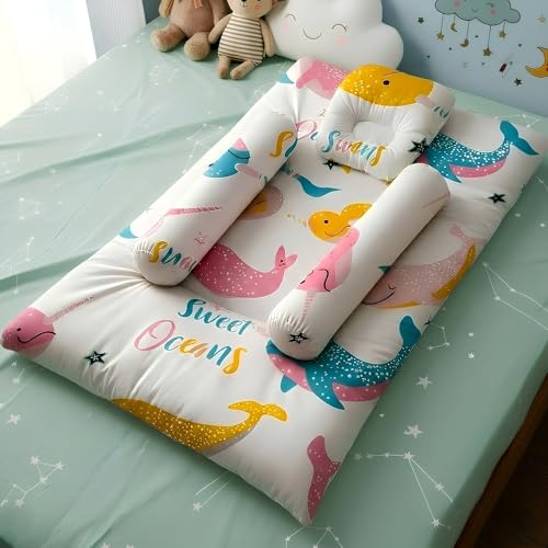 Image of StarAndDaisy Newborn Baby Bedding Nest Cushioned Mattress Sheet with 2 Side Bolster Pillows & 1 Head Pillow Breathable & Soft Boys & Girl Design.