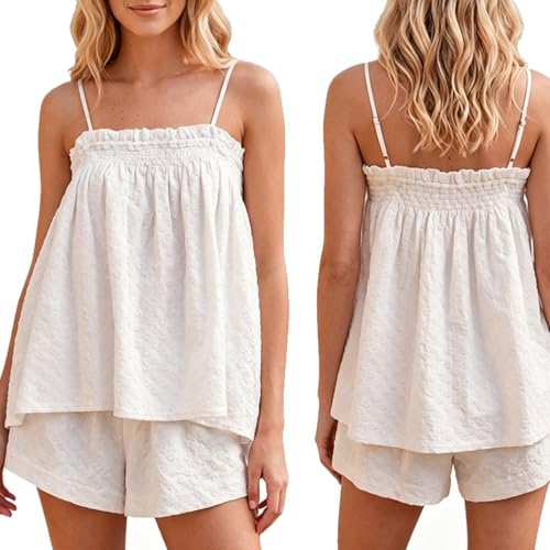 Image of SOOKABEILA Women 2 Piece Lounge Set Sleeveless Striped Cami Peplum Top Boxer Shorts Loose Ruffle Matching Pj Sets Outfits