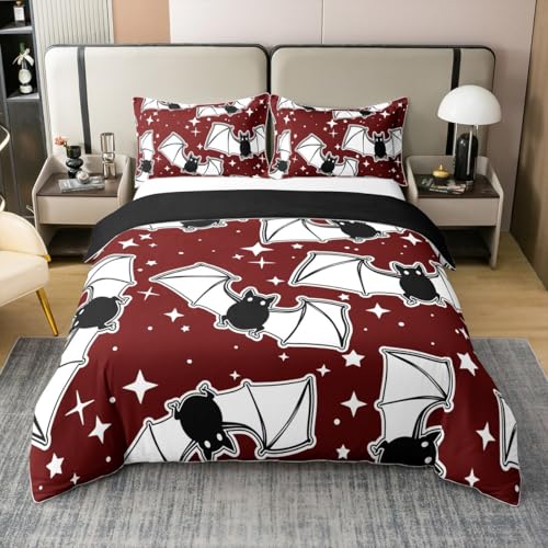 richhome Juego de ropa de cama de Halloween, tamaño individual, diseño de murciélagos negros, silueta de animales, decoración de habitación, feliz día festivo, lindo estampado de estrellas, funda de