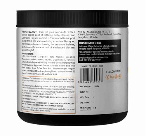 Image of Asitis Nutrition Atom Blast Advanced Pre-Workout Powder - 100Gms, Orange, Caffeine & L- Arginine Infused, Optimizes Energy, Increase Strength & Pumps