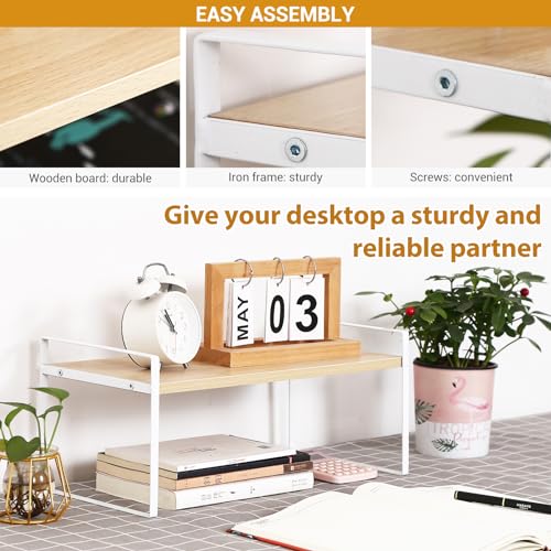 Image of YGYQZ Wood Office Desk Shelf Organizer - Desktop Supplies Cute Dresser Top Organization Storage Rack and Cubicle Decor Aesthetic Bookshelf for Women Man and Kids (White Wood-Single Tier)