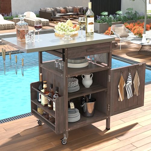 Image of Merax 40.5 inch Outdoor Grill Cart with Stainless Steel Top, Solid Wood Outdoor Storage Cabinet with Drop Leaf, One Drawer, Towel Rack, Rolling Kitchen Cart with Lockable Wheels for Lawn Garden, Brown