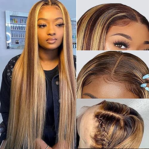 Lace Front Wigs Human Hair 150% Density Highlight Ombre Colored Pre Plucked Straight 13x4x1 Hd Lace Frontal Wigs Human Hair for Black Women T Part Lace Wigs Human Hair (22 Inch)
