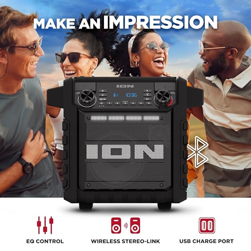 Image of ION Tailgater Classic Outdoor Portable Bluetooth Speaker with Rechargeable Battery, FM Radio, USB Port, IPX5 Water-Resistant, 6.5 inch Woofer, App, Black