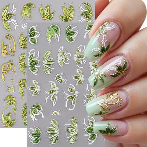 2 Sheets Spring Nail Stickers 5d Embossed Green Leaf Nail Art Stickers Self-Adhesive Summer Floral Nail Designs Gold Glitter Leaves Nail Decals Spring Petal Nail Art Stickers for Women Manicure Supply