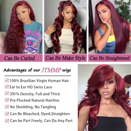 Image of JTMMP 20 Inch 99J Burgundy Lace Front Wigs Human Hair 13x6 Body Wave Lace Front Wigs Human Hair Pre Plucked 99j Burgundy Red Wine Glueless Wigs for Women