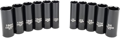 Miniatura 8 de Juego de llaves de impacto de 38" y 12", 35 piezas métricas (0.315-1.181 in) y SAE (38-1 pulgadas) poco profundas, Cr-V, 6 puntos, incluye adaptador