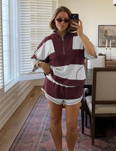 Wyeysyt Womens Striped 2 Piece Sets Summer Workout Outfits Oversized Lounge Set Going Out Pullover and Shorts4