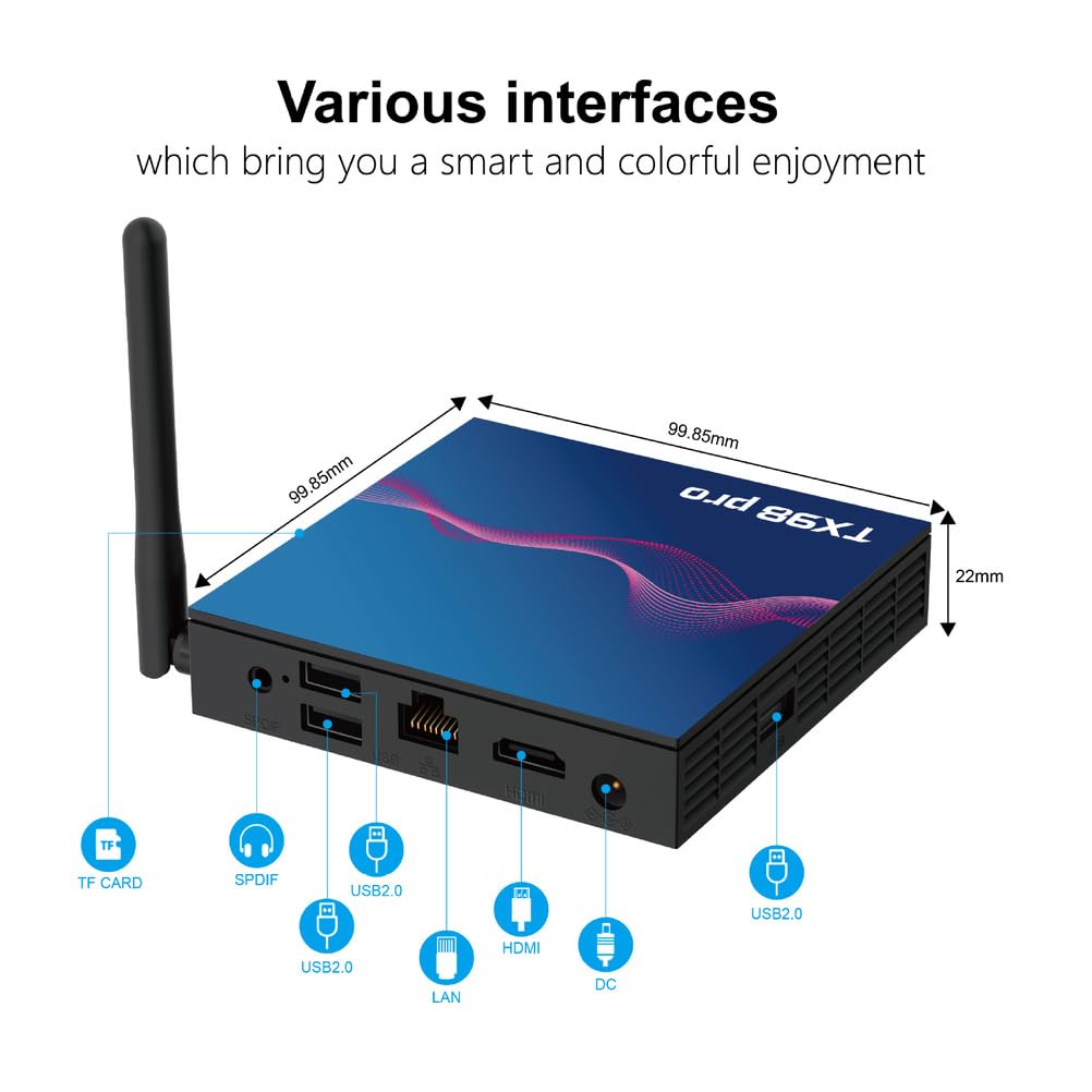 Box Android 14.0, TX98 PRO H618 Quad-Core 64Bit Cortex-A53 Mali 450 MP2 GPU Supporto 4K 3D 1080P 2.4/5.0Ghz WiFi BT5.0 10/100M Ethernet DLNA HDMI 2.0 H.265,4gb+32gb