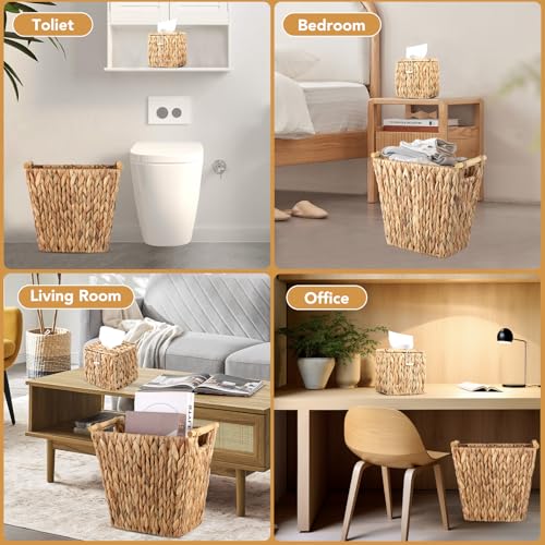 Image of Wicker Trash Can and Square Tissue Box Cover, 3.5 Gallon Water Hyacinth Bathroom Trash Can, Handwoven Napkin Holder, Narrow Small Waste Basket, Rustic Decorative Home Set for Bedroom, Bathroom, Office