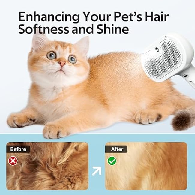 Pet Grooming Brush with Electronic Mist Spray - Gentle Deshedding Tool for Cats & Dogs, Pet Steam Brush£¬Reduces Shedding, Soft Bristles, Promotes Healthy Coat-Comes with a hair smoothing comb-White-3GuFHbZe