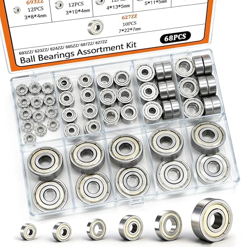 Dianrui 68 PCS 693ZZ/ 623ZZ/ 624ZZ/ 685ZZ/ 687ZZ/ 627ZZ Ball Bearings Assortment Kit, Small Bearings Carbon Steel Deep Groove Bearing, for Furniture Wheel, Roller Skates, 3D Printing and ect —6 Size