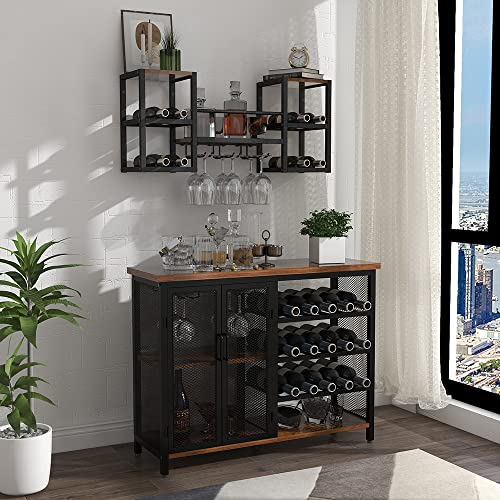 Giftgo Industrial Brown Wall Mounted Wine Rack With 3 Steam Glass Holder Partial Wood Shelf Black Metal Bottle Holder Multi Functional Wine Storage Display Rack For Home Bar Dining Room Kitchen #TOP2