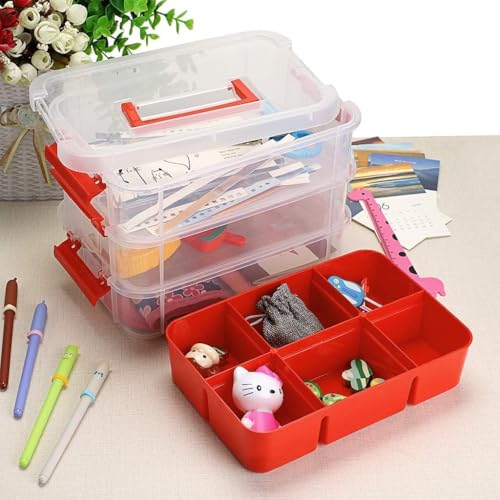 Image of Golden bird plastic boxes for Storage transparent, Space Saving Organiser with Lid Portable & Stackable for Jewelry, Beads, Crochet, Sewing, Scrapbooking DIY Craft (3 tier, Red)